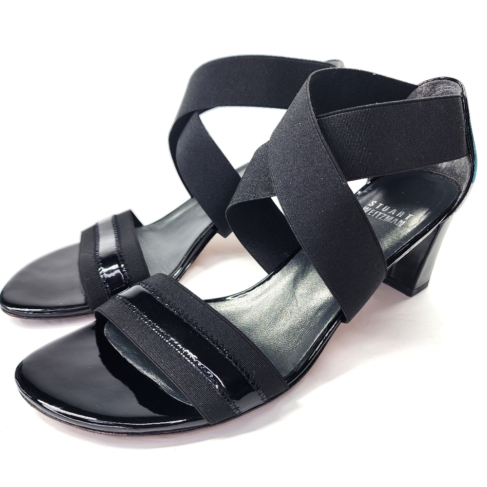 STUART WEITZMAN Midexter Elastic Black Patent Leather High Heel Sandals 7.5m - Picture 12 of 12